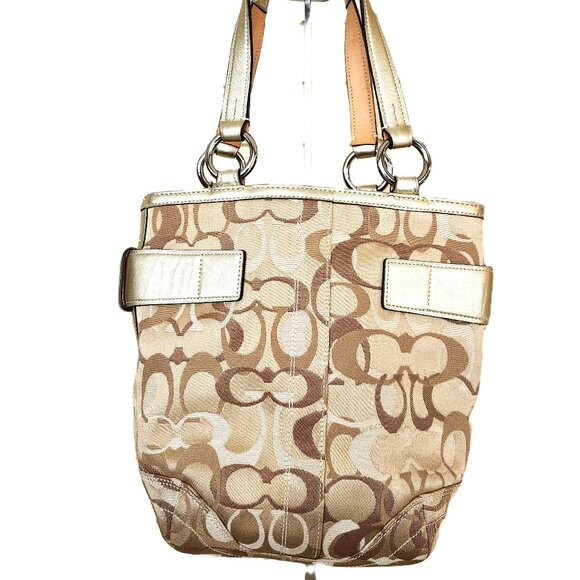 Like New Rare Coach Optic Metallic Gold & Tan Satchel Bag Handbag Purse - Picture 4 of 15